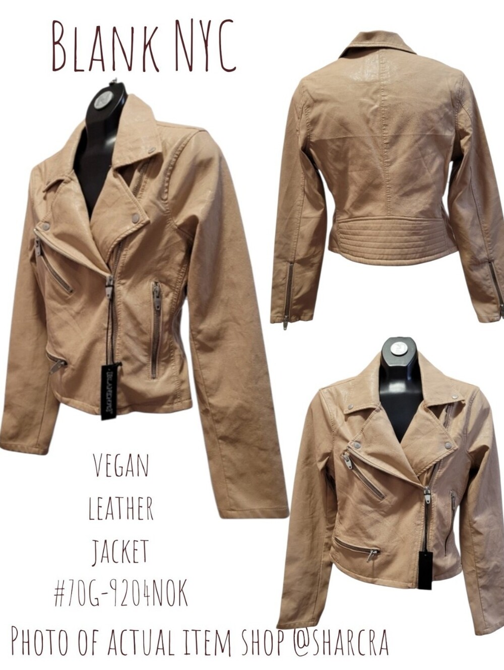 Blank NYC Women's Vegan leather Moto Biker jacket Semi Fitted Tan Toffee M